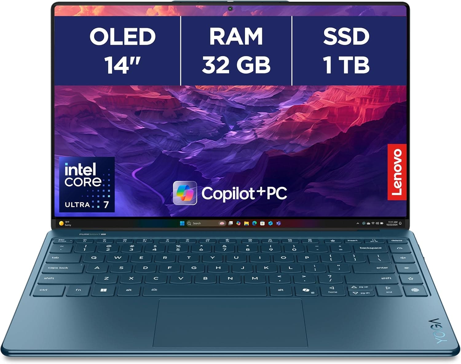 Lenovo Yoga Slim 9 14ILL10 - Ordinateur Portable 14'' 4K OLED WQUXGA Tactile Copilot+ (Intel Ultra 7 258V, RAM 32Go, SSD 1To, Intel Arc Graphics 140V, Windows 11 Home) Clavier AZERTY - Tidal Teal