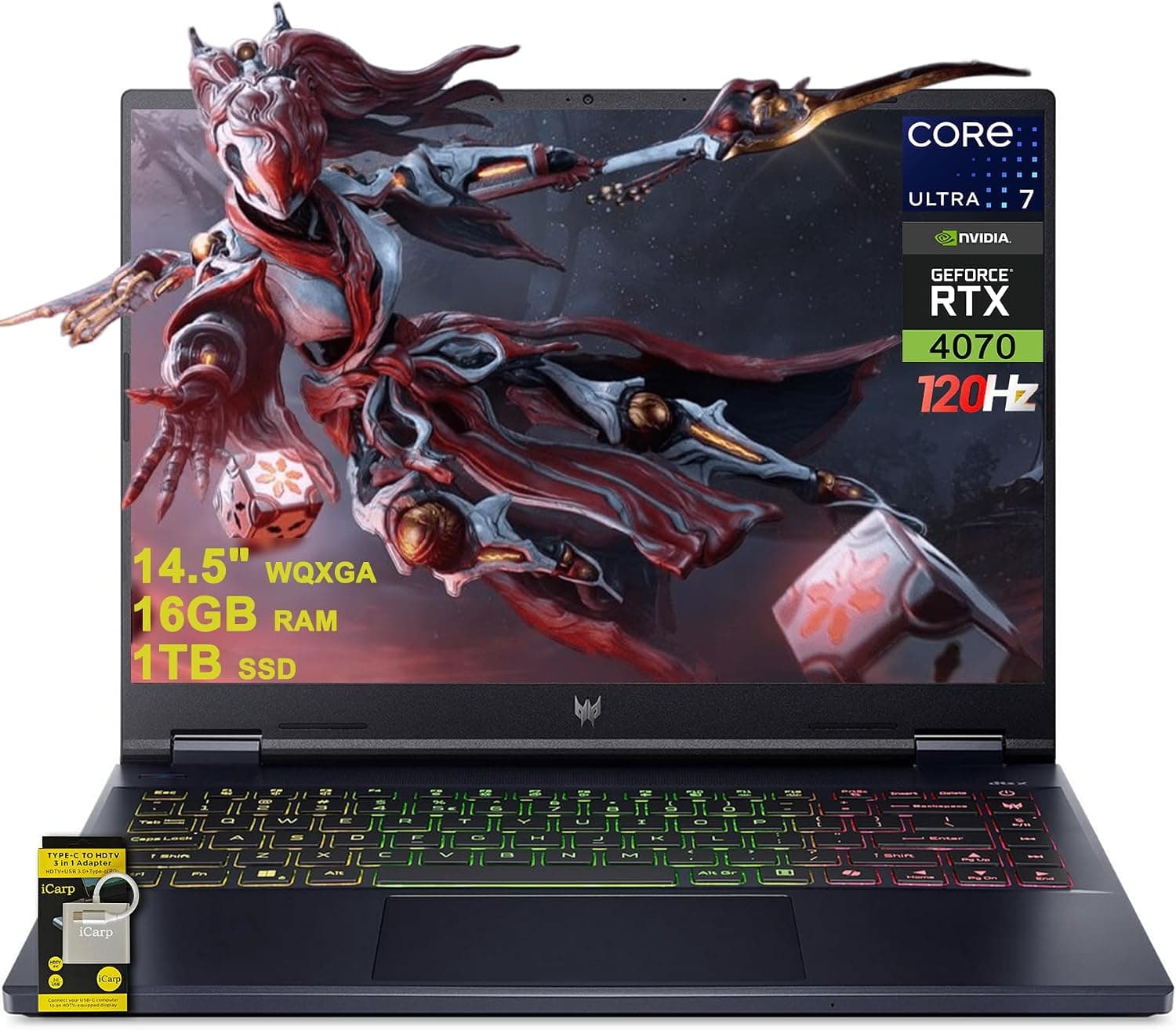 acer Predator Helios Neo 14 Gaming AI PC Laptop 14,5" WQXGA (2560 x 1600) 120 Hz (100 % sRGB, G-SYNC) Intel 16-Core Ultra 7 155H 16 Go RAM 1 To SSD GeForce RTX 4070 RGB rétroéclairé Win11 ICP